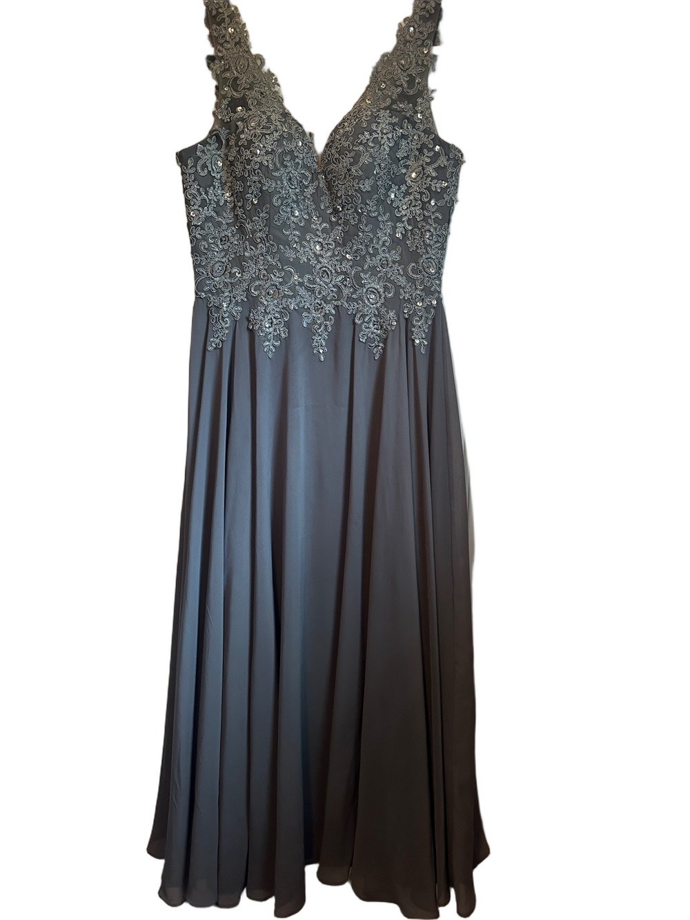 Sleeveless Gray Lace Bodice  Dress with Flowing Skirt